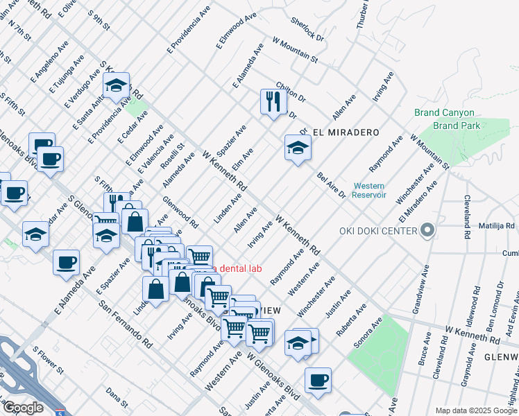 map of restaurants, bars, coffee shops, grocery stores, and more near 1852 West Kenneth Road in Glendale