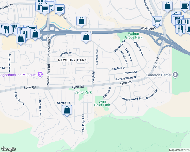 map of restaurants, bars, coffee shops, grocery stores, and more near 63 Castilian Court in Thousand Oaks