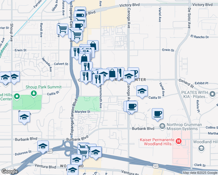 map of restaurants, bars, coffee shops, grocery stores, and more near 21600 West Oxnard Street in Los Angeles