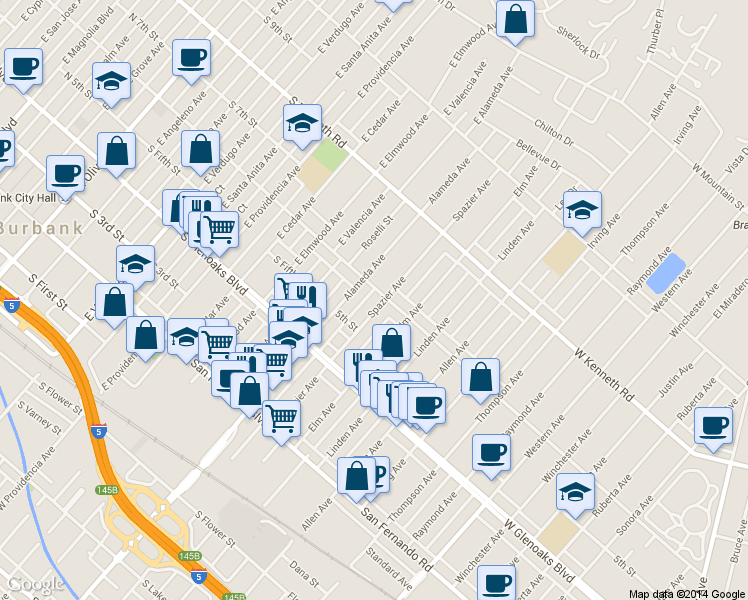 map of restaurants, bars, coffee shops, grocery stores, and more near 2045 Glenwood Road in Glendale