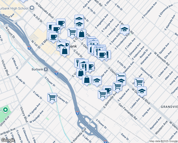 map of restaurants, bars, coffee shops, grocery stores, and more near 276 East Santa Anita Avenue in Burbank