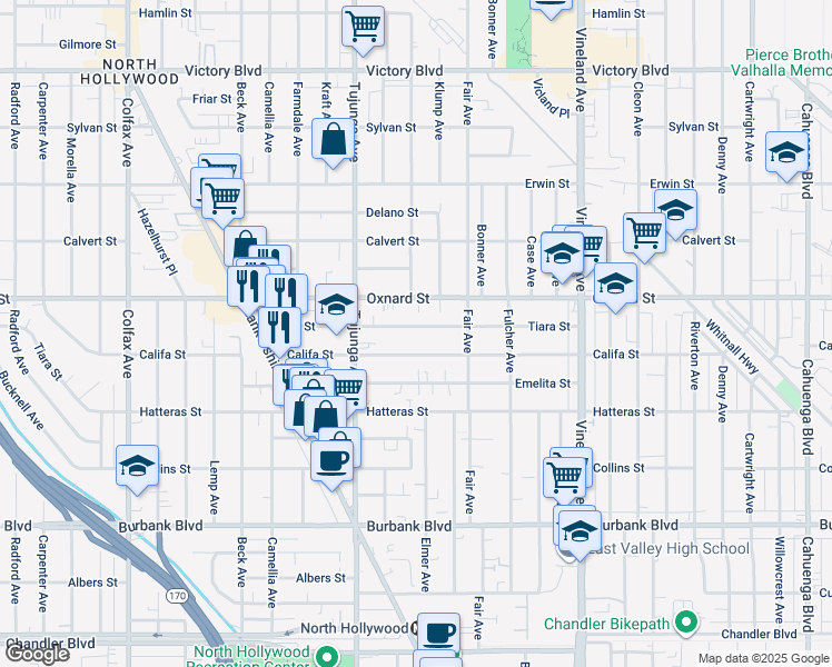 map of restaurants, bars, coffee shops, grocery stores, and more near 11304 Oxnard Street in Los Angeles
