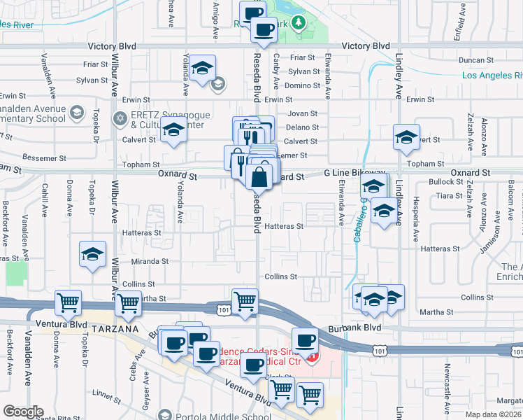 map of restaurants, bars, coffee shops, grocery stores, and more near 6002-6022 Reseda Boulevard in Los Angeles