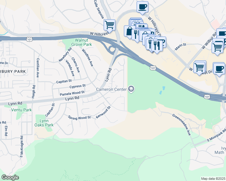 map of restaurants, bars, coffee shops, grocery stores, and more near 205 Pebble Beach Drive in Thousand Oaks