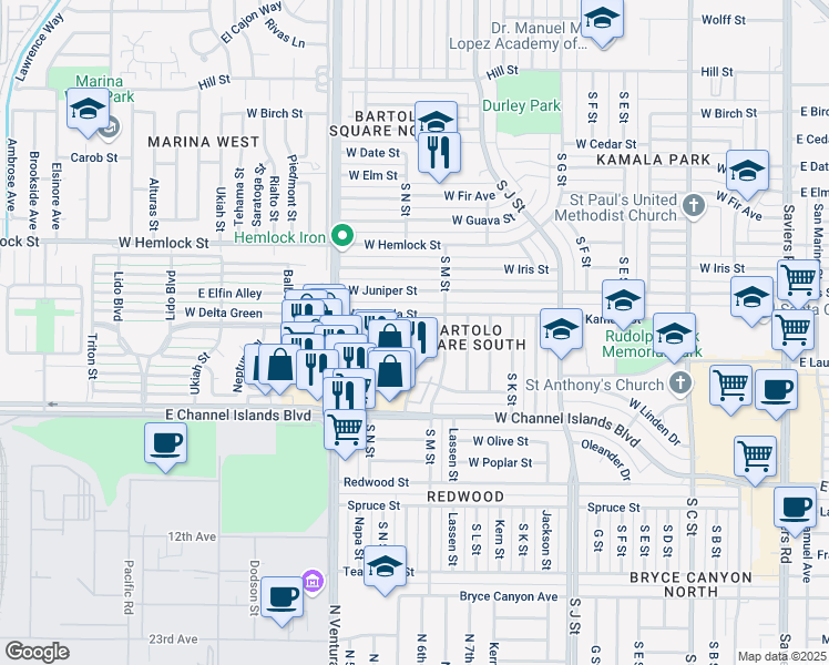 map of restaurants, bars, coffee shops, grocery stores, and more near 1231 West Kamala Street in Oxnard
