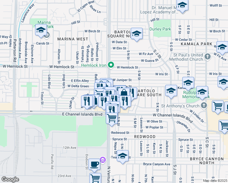 map of restaurants, bars, coffee shops, grocery stores, and more near 1441 West Kamala Street in Oxnard