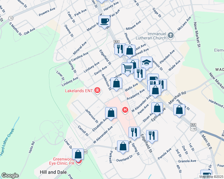 map of restaurants, bars, coffee shops, grocery stores, and more near 1109 Anderson Street in Greenwood