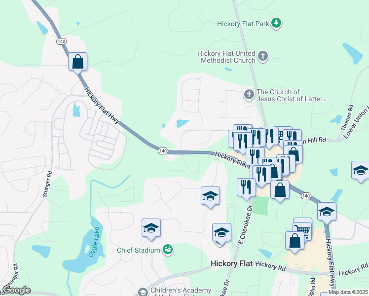 map of restaurants, bars, coffee shops, grocery stores, and more near 5691 Hickory Flat Highway in Canton