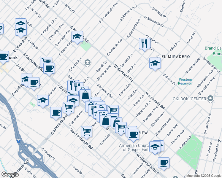 map of restaurants, bars, coffee shops, grocery stores, and more near 1226 Spazier Avenue in Glendale