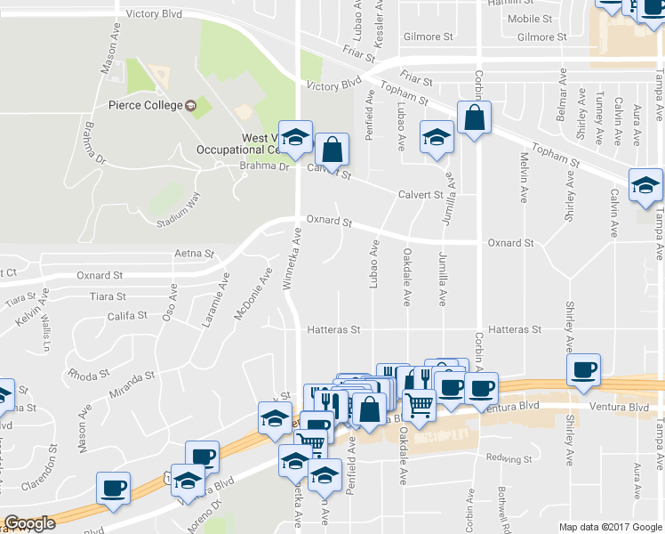 map of restaurants, bars, coffee shops, grocery stores, and more near 5912 Penfield Avenue in Los Angeles