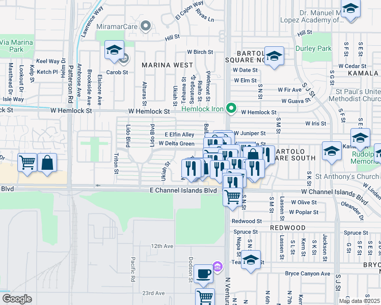 map of restaurants, bars, coffee shops, grocery stores, and more near 240 East Bay Boulevard in Port Hueneme