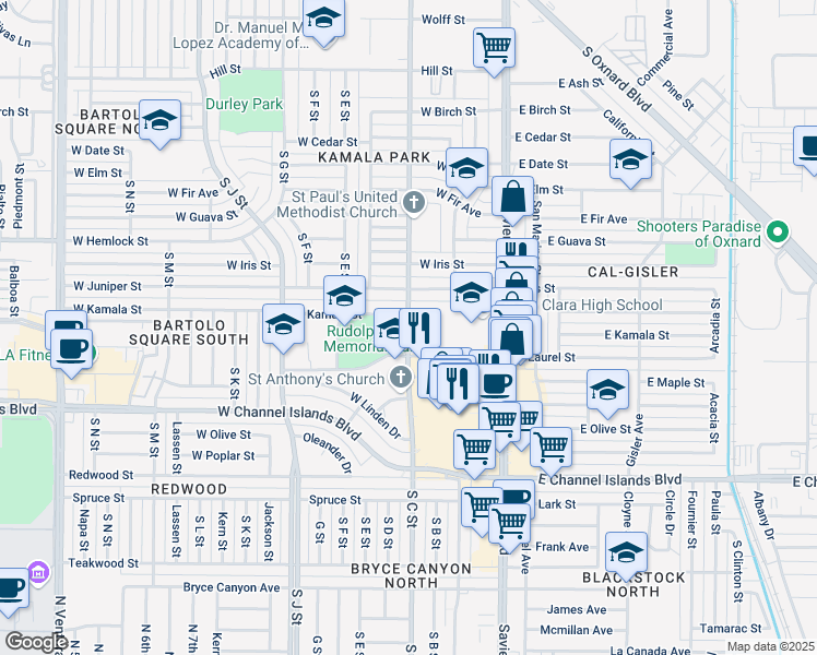 map of restaurants, bars, coffee shops, grocery stores, and more near South C Street in Oxnard
