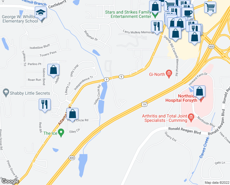 map of restaurants, bars, coffee shops, grocery stores, and more near Greystone Summit Drive in Cumming