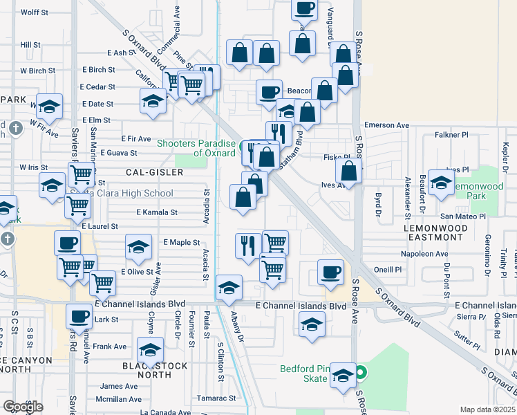 map of restaurants, bars, coffee shops, grocery stores, and more near 105 Sunkist Circle in Oxnard