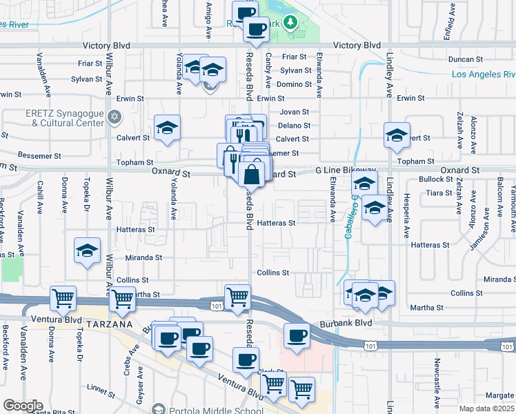 map of restaurants, bars, coffee shops, grocery stores, and more near 5930 Reseda Boulevard in Los Angeles