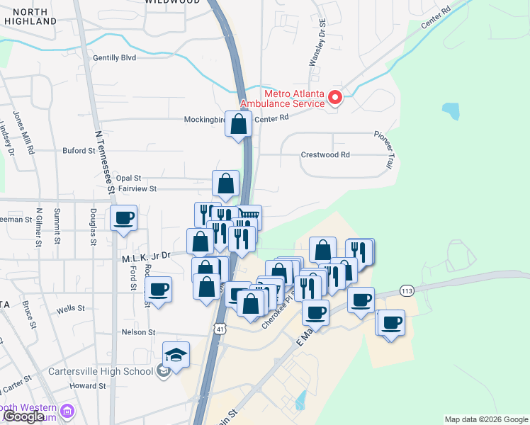 map of restaurants, bars, coffee shops, grocery stores, and more near 13 Timber Ridge Drive in Cartersville