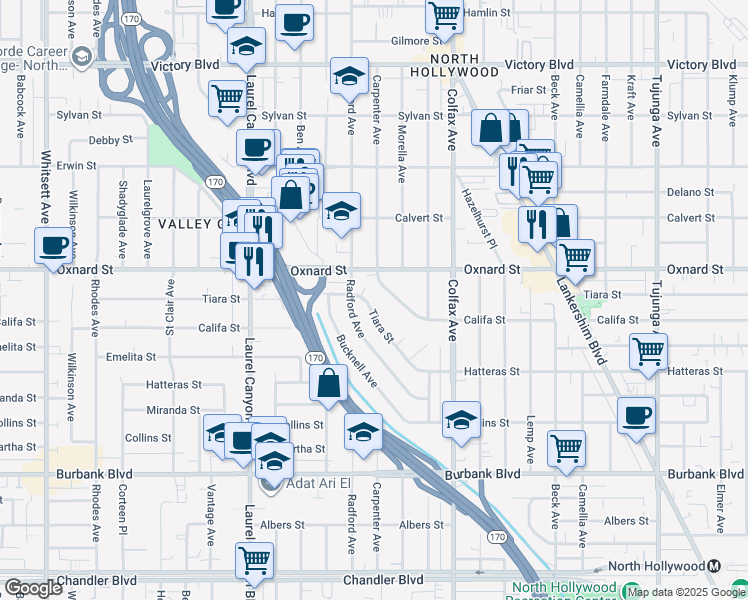 map of restaurants, bars, coffee shops, grocery stores, and more near 11889 Tiara Street in Los Angeles