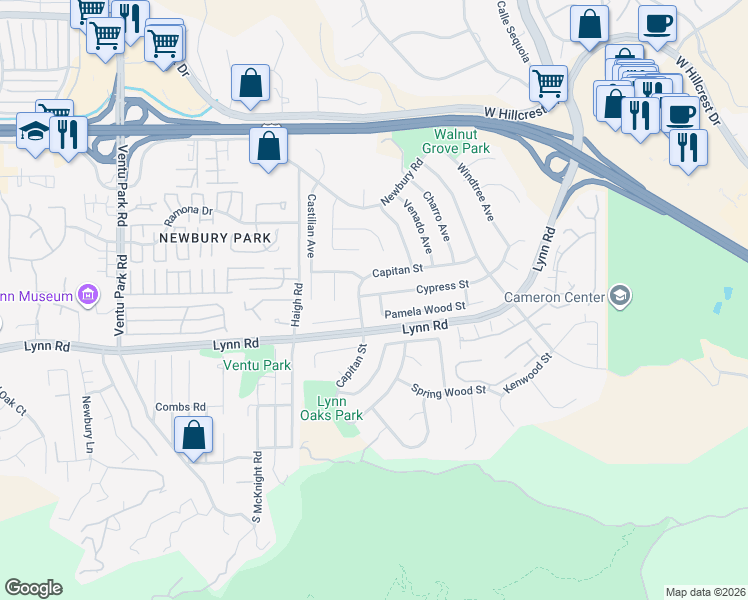 map of restaurants, bars, coffee shops, grocery stores, and more near 865 Palmgrove Avenue in Thousand Oaks