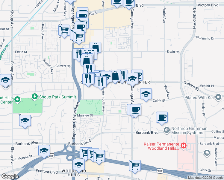 map of restaurants, bars, coffee shops, grocery stores, and more near 21600 Oxnard Street in Los Angeles