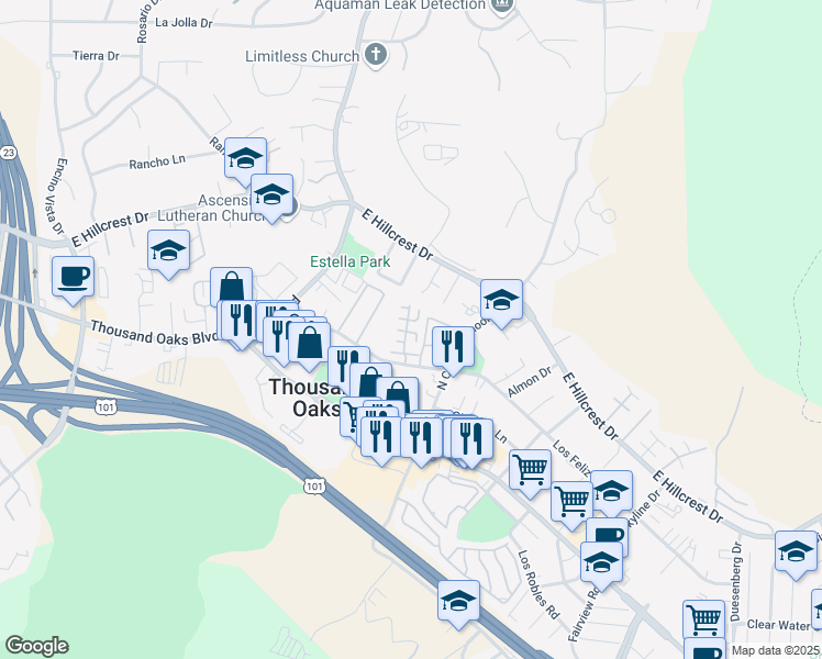 map of restaurants, bars, coffee shops, grocery stores, and more near 2127 Pavo Court in Thousand Oaks