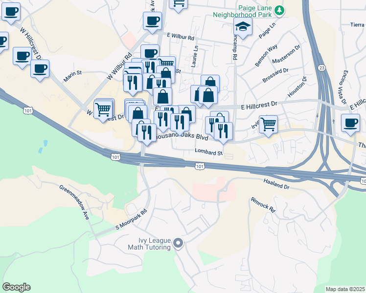 map of restaurants, bars, coffee shops, grocery stores, and more near 220 Thousand Oaks Boulevard in Thousand Oaks