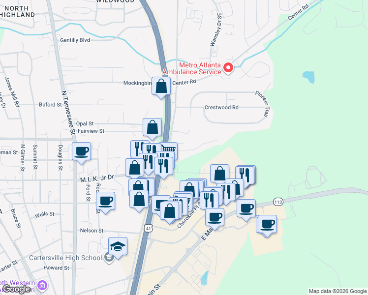 map of restaurants, bars, coffee shops, grocery stores, and more near 25 Timber Ridge Drive in Cartersville