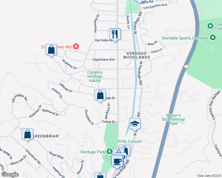 map of restaurants, bars, coffee shops, grocery stores, and more near 1465 Sunshine Drive in Glendale