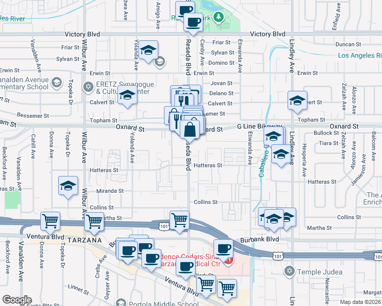 map of restaurants, bars, coffee shops, grocery stores, and more near 6002-6022 Reseda Boulevard in Los Angeles