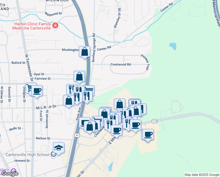 map of restaurants, bars, coffee shops, grocery stores, and more near 76 Timber Ridge Drive in Cartersville