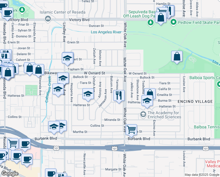 map of restaurants, bars, coffee shops, grocery stores, and more near 5927 Balcom Avenue in Los Angeles