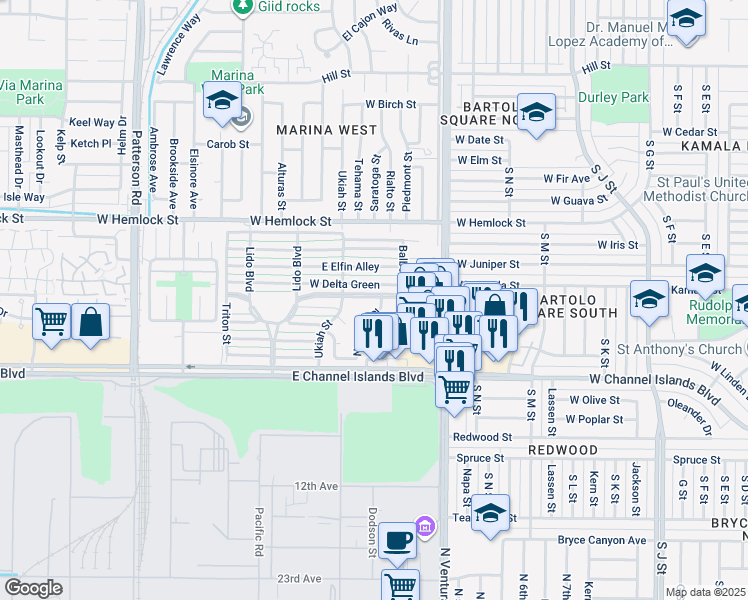 map of restaurants, bars, coffee shops, grocery stores, and more near 240 East Bay Boulevard in Port Hueneme