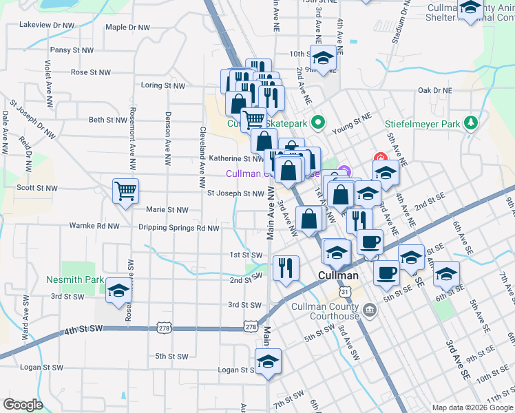 map of restaurants, bars, coffee shops, grocery stores, and more near 1107 Grafenstatte Street Northwest in Cullman