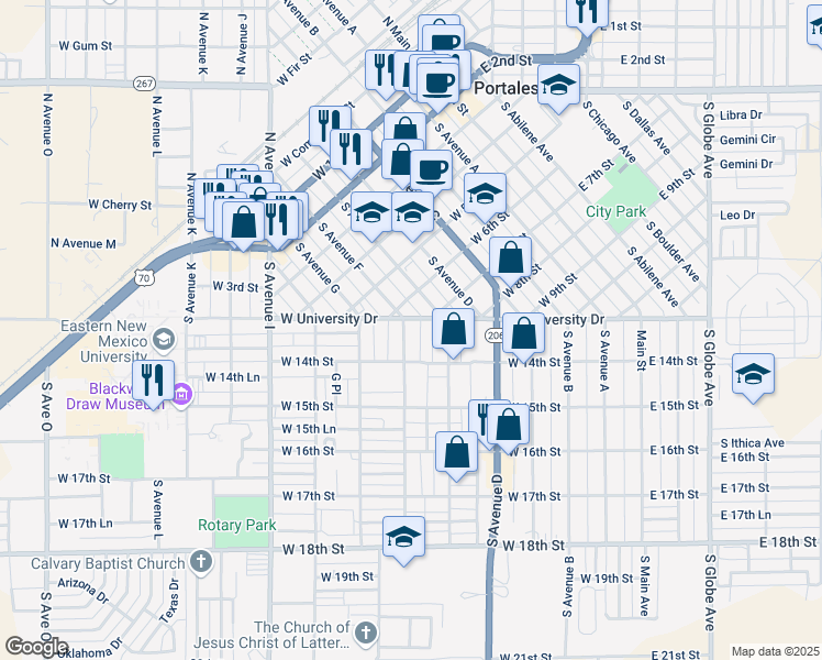 map of restaurants, bars, coffee shops, grocery stores, and more near 608 South Avenue East in Portales