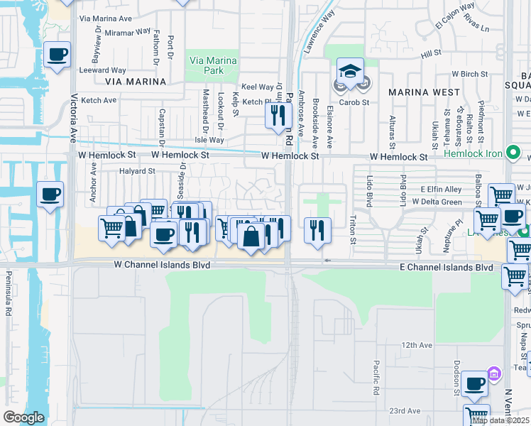 map of restaurants, bars, coffee shops, grocery stores, and more near 424 Las Palomas Drive in Port Hueneme