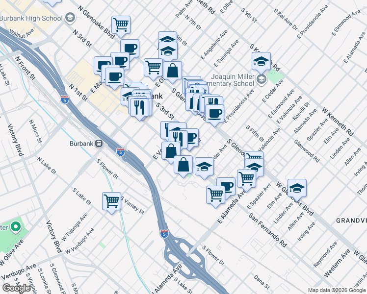 map of restaurants, bars, coffee shops, grocery stores, and more near East Santa Anita Avenue in Burbank
