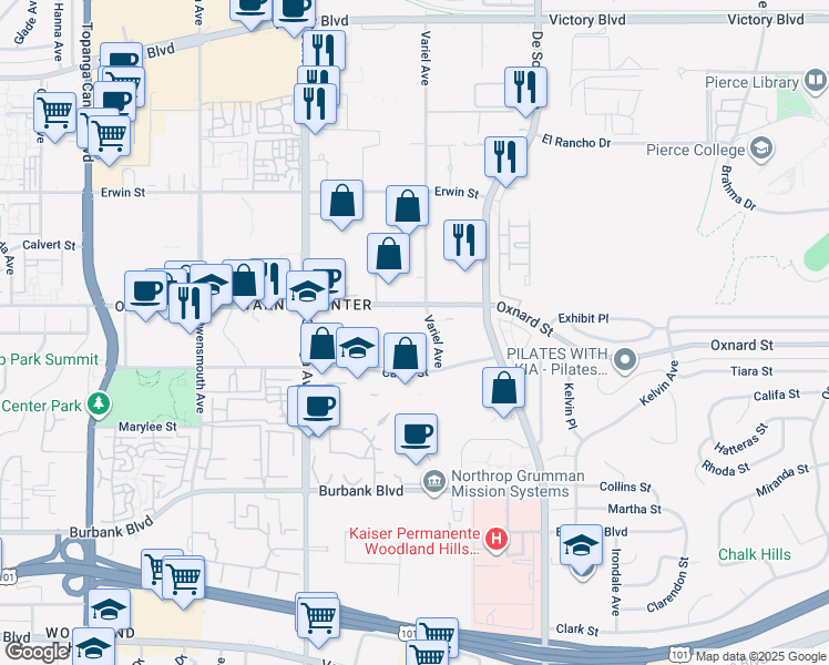 map of restaurants, bars, coffee shops, grocery stores, and more near 5957 Variel Ave in Los Angeles