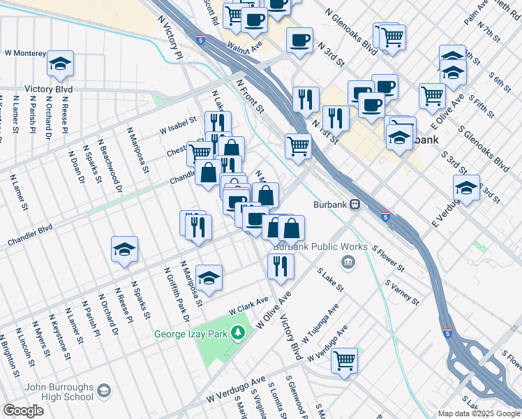 map of restaurants, bars, coffee shops, grocery stores, and more near 410 North Moss Street in Burbank