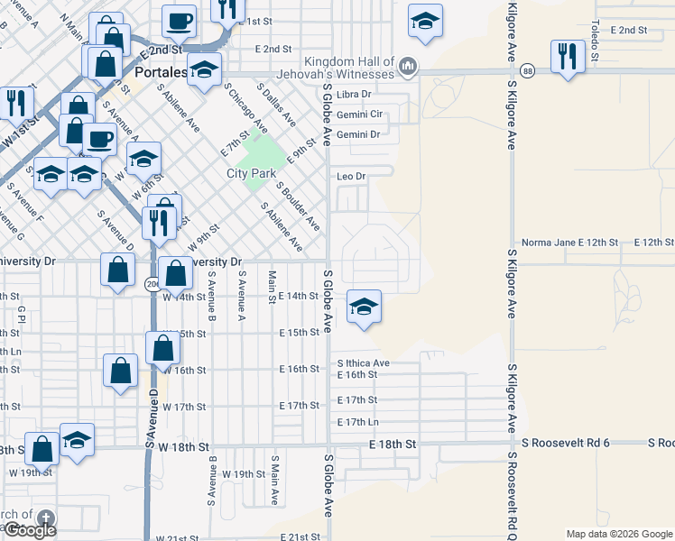 map of restaurants, bars, coffee shops, grocery stores, and more near 1352 Oakwood Circle in Portales