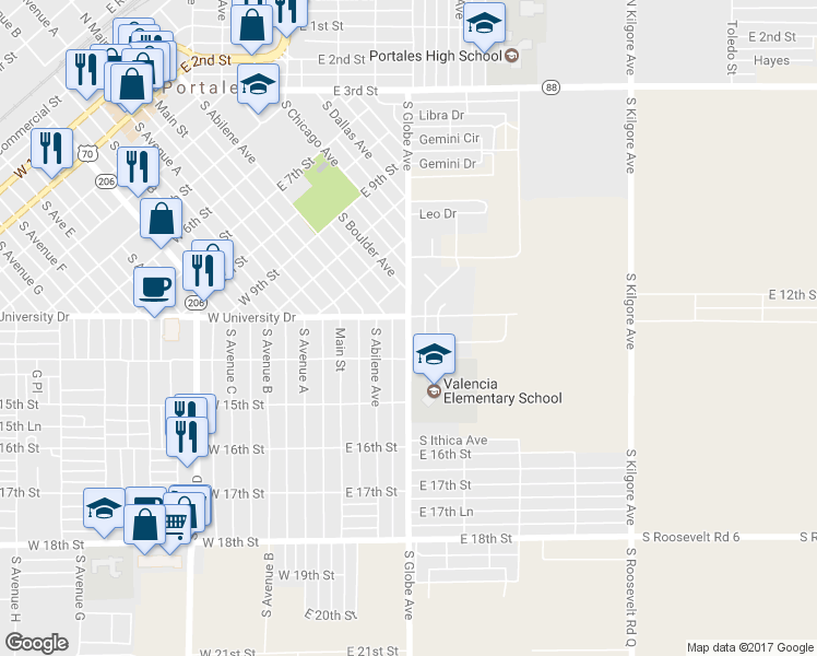 map of restaurants, bars, coffee shops, grocery stores, and more near 1301 South Roosevelt Road Q 1/2 in Portales