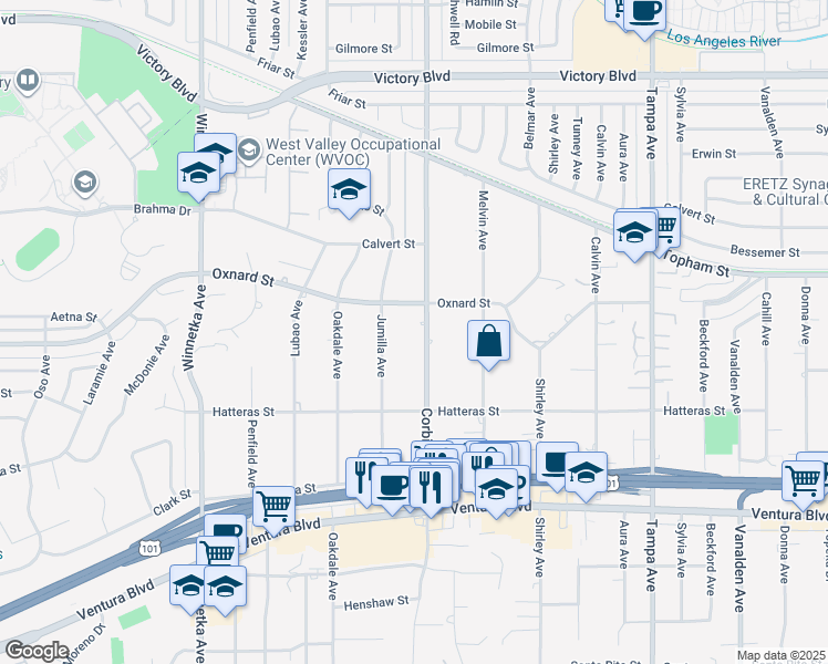 map of restaurants, bars, coffee shops, grocery stores, and more near 5931 Corbin Avenue in Los Angeles