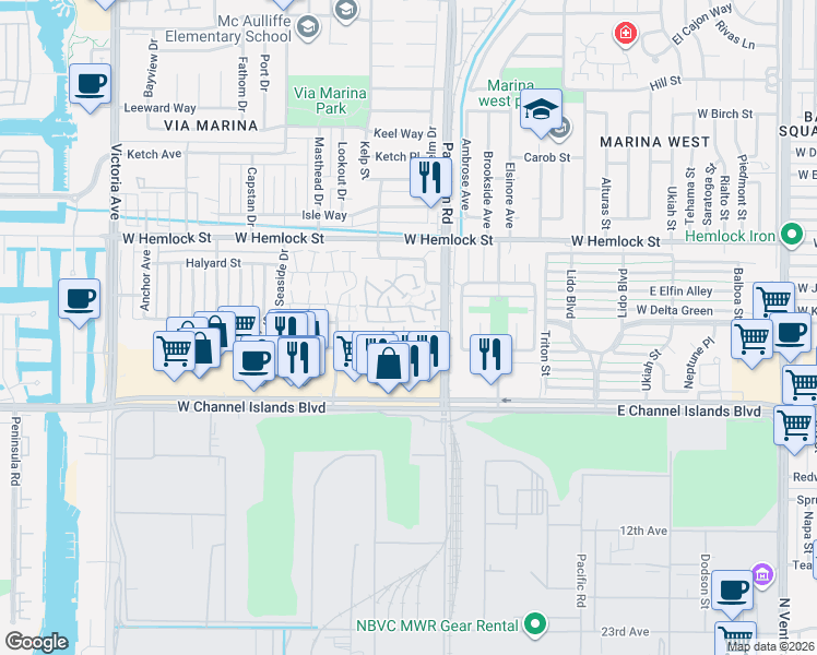 map of restaurants, bars, coffee shops, grocery stores, and more near 437 Reed Way in Port Hueneme