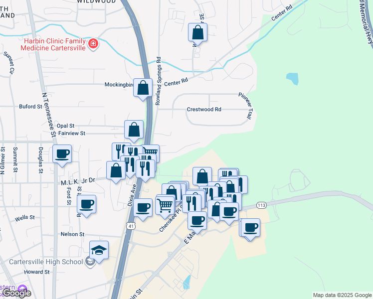 map of restaurants, bars, coffee shops, grocery stores, and more near 78 Timber Ridge Drive in Cartersville