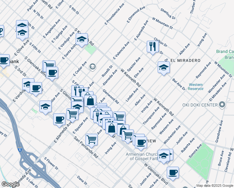 map of restaurants, bars, coffee shops, grocery stores, and more near 1217 Elm Avenue in Glendale