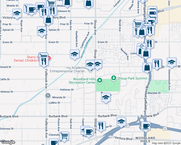 map of restaurants, bars, coffee shops, grocery stores, and more near 22430 West Oxnard Street in Los Angeles