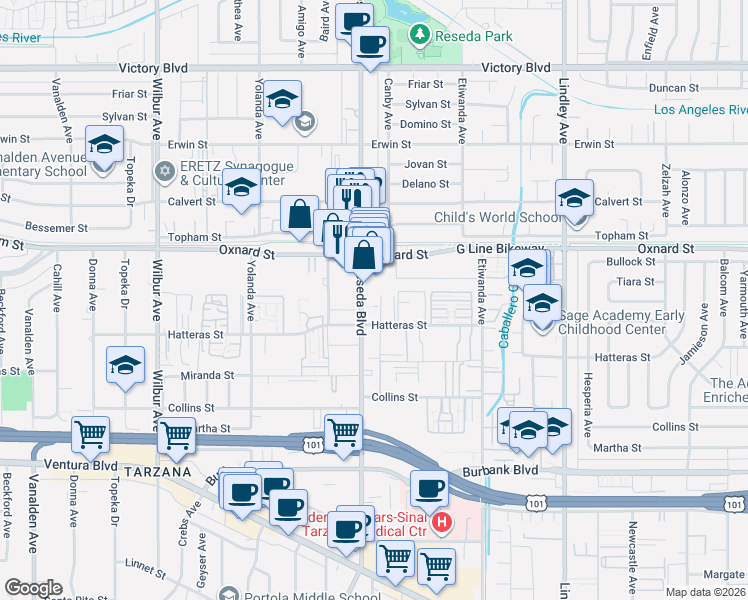 map of restaurants, bars, coffee shops, grocery stores, and more near 5930 Reseda Boulevard in Los Angeles