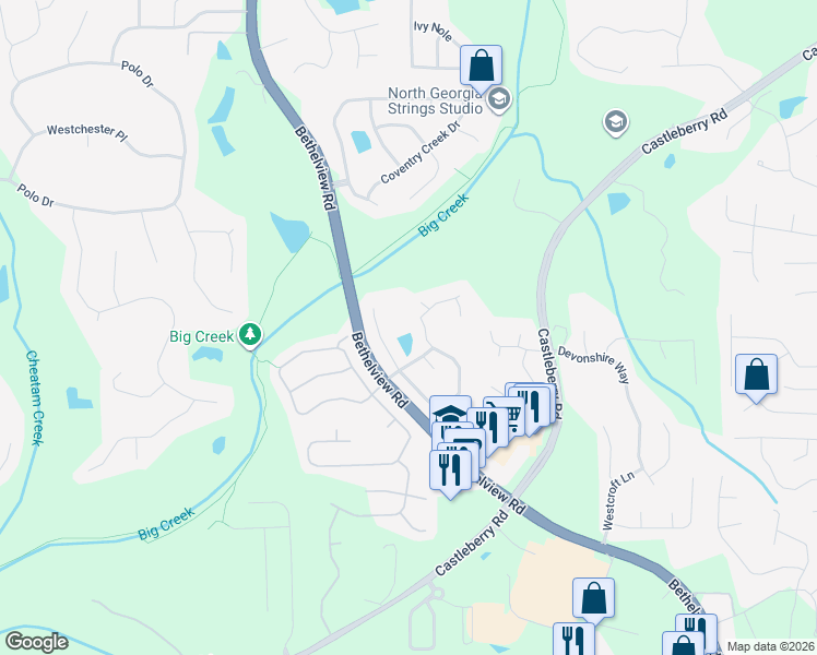 map of restaurants, bars, coffee shops, grocery stores, and more near 5745 Blair Valley Run in Cumming