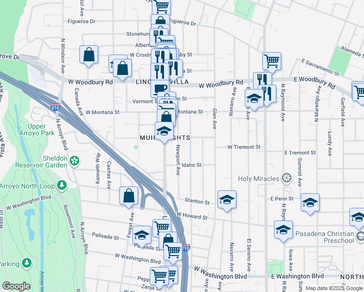 map of restaurants, bars, coffee shops, grocery stores, and more near 1900 Newport Avenue in Pasadena