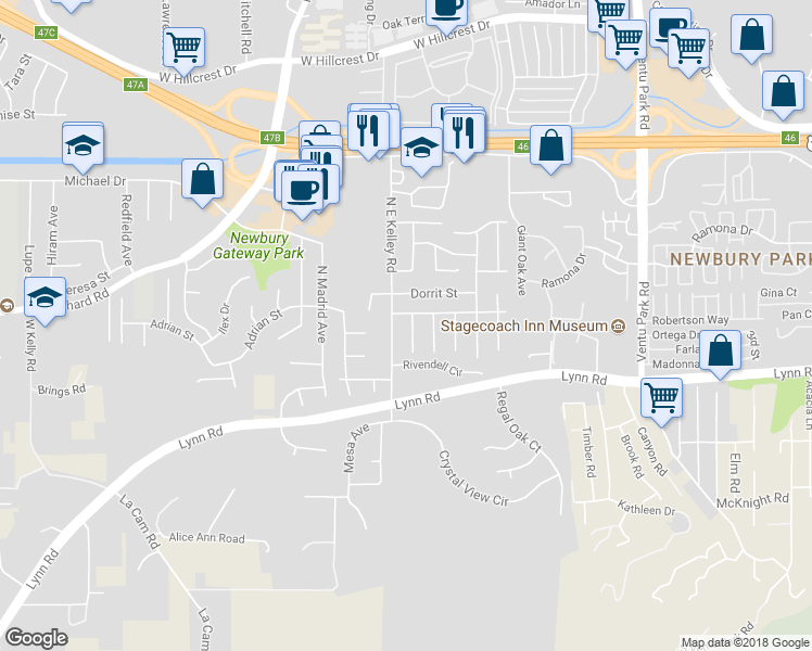 map of restaurants, bars, coffee shops, grocery stores, and more near 21 Karen Place in Thousand Oaks