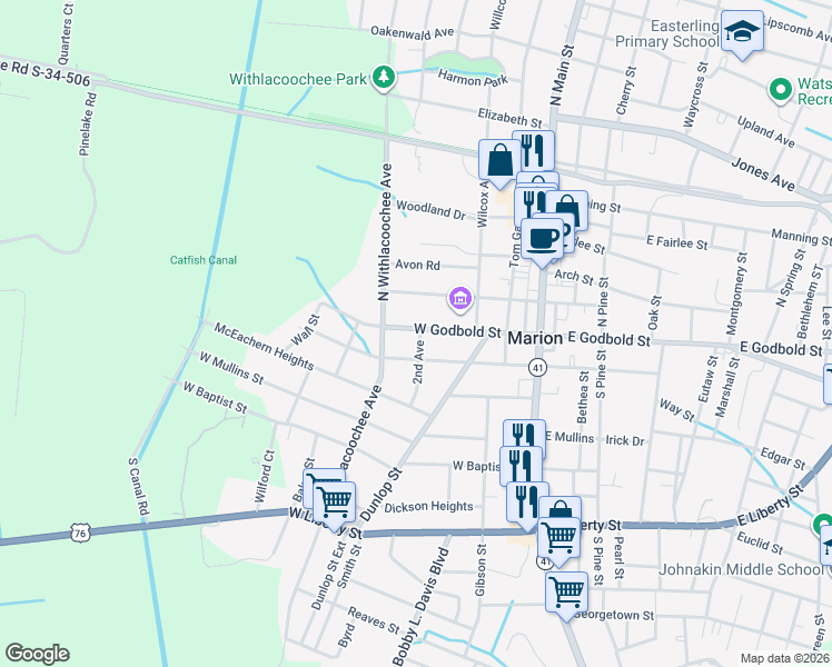map of restaurants, bars, coffee shops, grocery stores, and more near 410 West Godbold Street in Marion