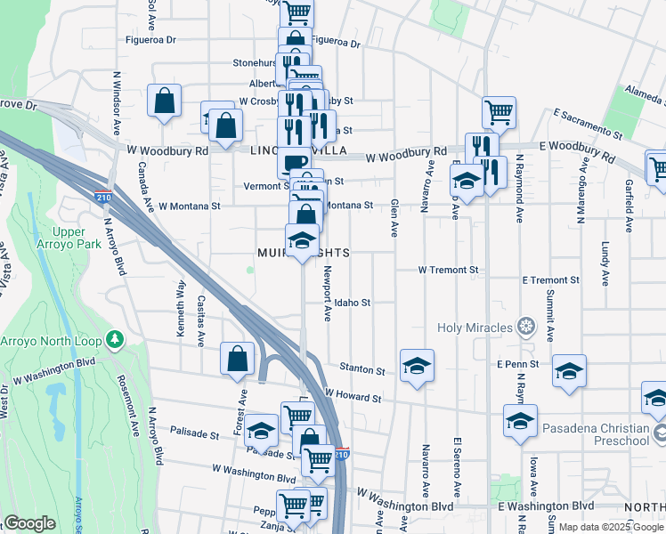 map of restaurants, bars, coffee shops, grocery stores, and more near 1900 Newport Avenue in Pasadena